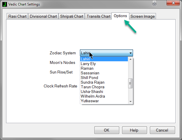 Vedic options screen